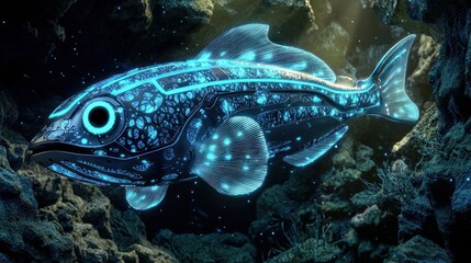 A digital rendering of an ichthin-inspired robotic fish exploring underwater caves illuminated by bioluminescent algae