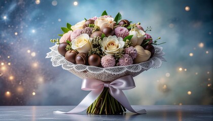 レースに包まれたチョコレートブーケと柔らかなボケ背景  
Chocolate Bouquet Wrapped in Lace with Soft Bokeh Background
