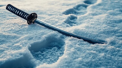 A dramatic, cinematic shot of a katana placed in the snow beside a warriorâ€™s footprints, symbolizing calm after battle