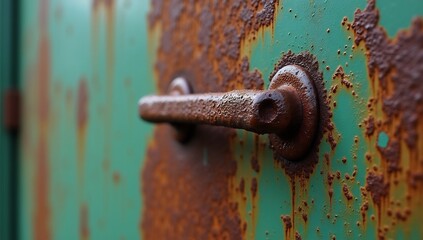 Close-up of a rusty door handle on a weathered green metal surface showing decay.