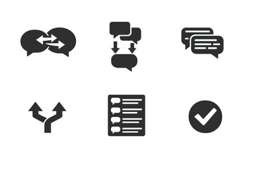 Set of 6 chat split and conversation branching icons designed for customer service platforms, ticket systems and workflow management interfaces. Clean monochromatic vector symbols for web and mobile p