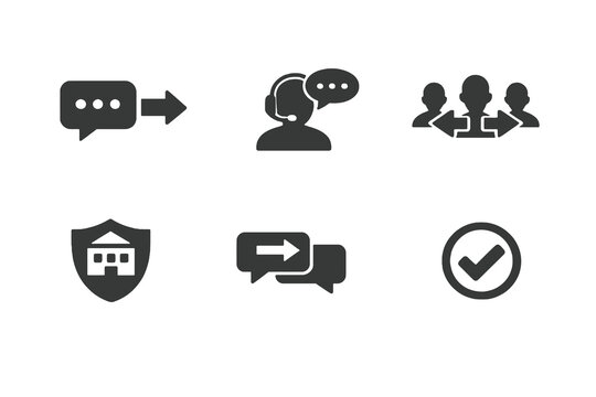 Set of 6 chat merge and conversation consolidation icons designed for customer service platforms, ticket systems and workflow management interfaces. Clean monochromatic vector symbols for web and mobi