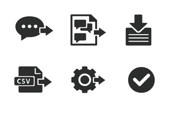 Digital customer support chat export icon set showing conversation downloads, transcripts and data export. Monochrome flat vector icons ideal for UI, apps and helpdesk dashboards.
