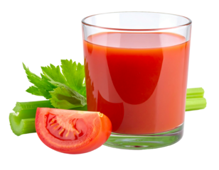 Refreshing tomato and celery beverage in a clear glass with garnishes