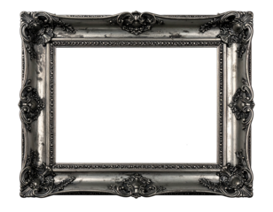 Ornate, antique, silver-toned picture frame with intricate carvings