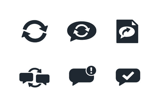 Digital customer support chat reopen icon set showing reopened conversations and continued assistance. Monochrome flat vector icons ideal for UI, apps and helpdesk dashboards.