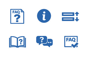 Set of 6 FAQ and help center icons designed for customer support pages, knowledge bases and service platforms. Clean monochromatic vector symbols for web and mobile interfaces.