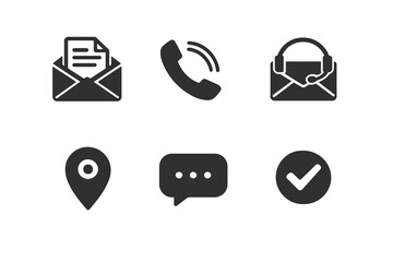Set of 6 contact and communication icons designed for support pages, help centers and customer service interfaces. Clean monochromatic vector symbols for web and mobile platforms. © VectorGomes