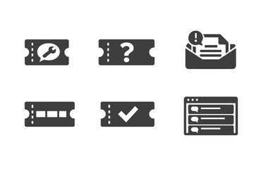 Set of 6 support ticket and helpdesk icons designed for customer service systems, dashboards and issue management interfaces. Clean monochromatic vector symbols for web and mobile platforms. © VectorGomes