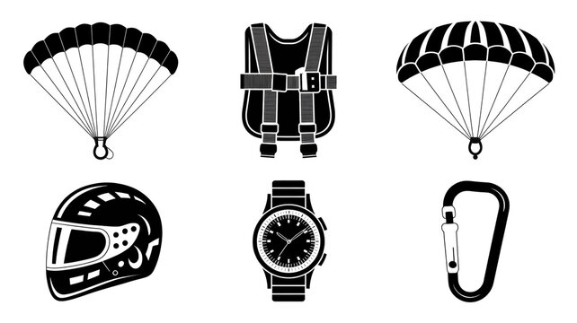 Professional Skydiving and Extreme Sports Equipment Icon Set Illustration.