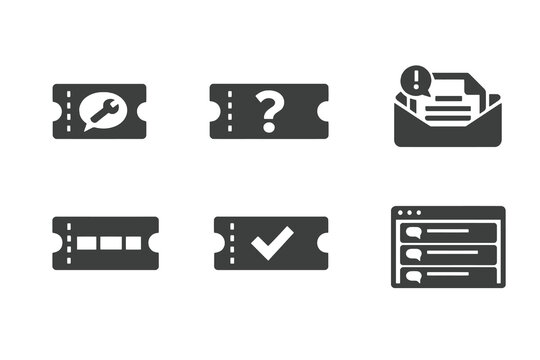 Set of 6 support ticket and helpdesk icons designed for customer service systems, dashboards and issue management interfaces. Clean monochromatic vector symbols for web and mobile platforms.
