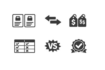 Set of 6 ecommerce product comparison icons designed for decision making, feature analysis and shopping interfaces. Clean monochromatic vector symbols for web and mobile platforms. © VectorGomes