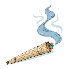 Illustration of burning herbal rolled joint cone with smoke on transparent background