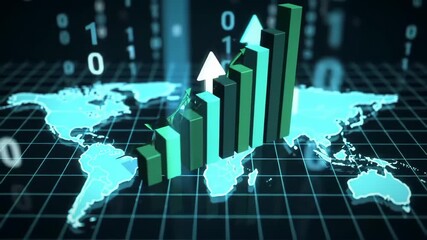 3D bar chart and arrow over glowing world map with binary code finance growth, Global financial growth chart with rising bars, Digital economy data visualization. - Powered by Adobe
