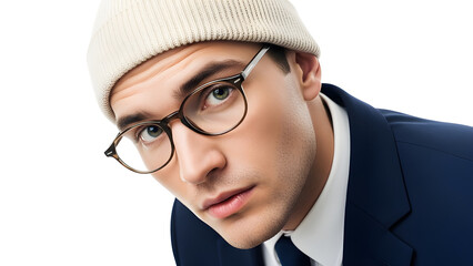 A handsome young businessman in a professional suit and tie wears glasses and a confident smile while looking forward in an office setting