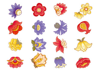 Set of vintage floral elements. Ornate hand-drawn botanical motifs for classic design. Flowers, foliage, stems create refined backgrounds for textile, wallpaper, and heritage projects.