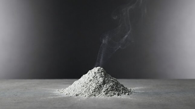 Dramatic pile of white powder with rising smoke on dark background