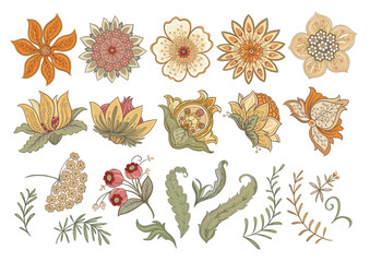 Set of vintage floral elements. Ornate hand-drawn botanical motifs for classic design. Flowers, foliage, stems create refined backgrounds for textile, wallpaper, and heritage projects.