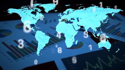 Digital World Map Overlayed On Financial Charts With Floating Numbers data finance , Global tech world map with glowing financial data, Business analysis reveals market growth. - Powered by Adobe
