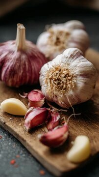 Fresh garlic cloves are beautifully arranged on a rustic board.