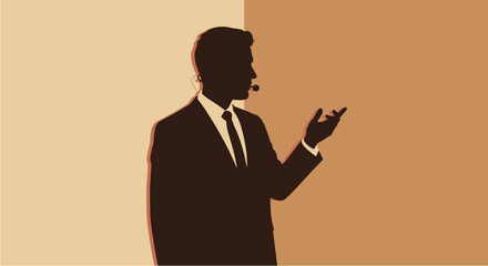 Dynamic silhouette of a male speaker presenting with a headset microphone, gesturing confidently against a warm, two-tone background, perfect for illustrating public speaking events.