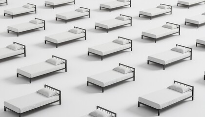シンプルな白いベッドが並ぶ睡眠イメージのミニマル背景／Minimal Background with Many Simple White Beds for Sleep Concept
