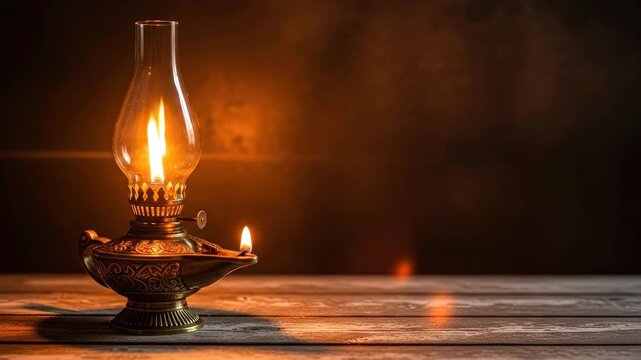Glimmering oil lamp on wooden table, intricate traditional design, warm light, celebration, festive occasion concept