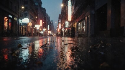 Naklejka premium Rainy City Street at Night with Neon Reflections.