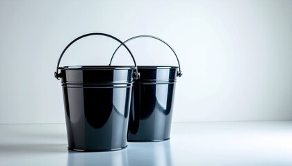 白い背景に並ぶ黒いシンプルなバケツ二つのミニマルコピースペース／Minimal Two Black Simple Buckets on White Background with Copy Space
