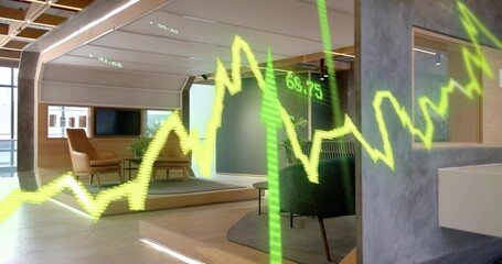 Displaying neon green hologram financial chart dominating office lounge, with tan leather armchairs