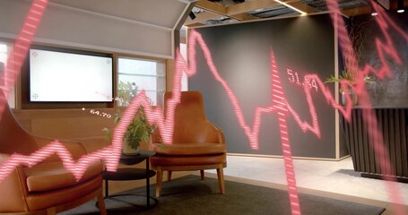 Featuring two tan leather armchairs forming seating cluster at office lounge, showing magenta graph