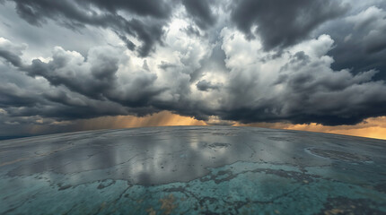 Dramatic stormy sky with dark clouds and golden light over a curved, reflective horizon.