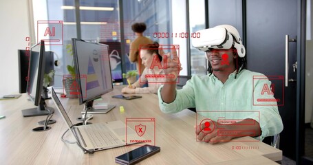 Reaching male in white VR headset, green shirt, interacting at desk, red AR overlays, copy space