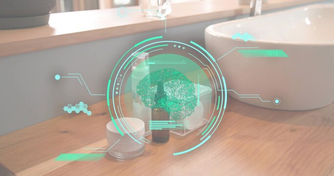 Hovering AR holographic brain projecting HUD above wooden vanity, referencing cream jar and pump