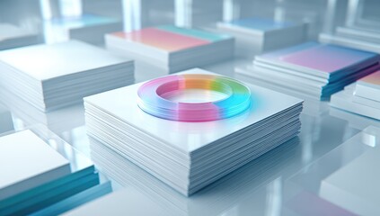 Geometric stack of white squares with a colorful translucent ring