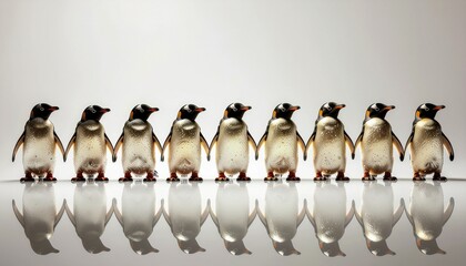 並んだペンギンの人形とコピースペース／Row of Penguin Figurines with Copy Space
