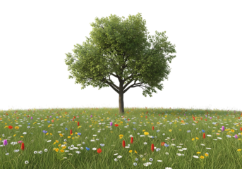 Tree in flowery meadow isolated on transparent background