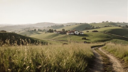 Obraz premium Rolling hills and a winding path in the countryside.