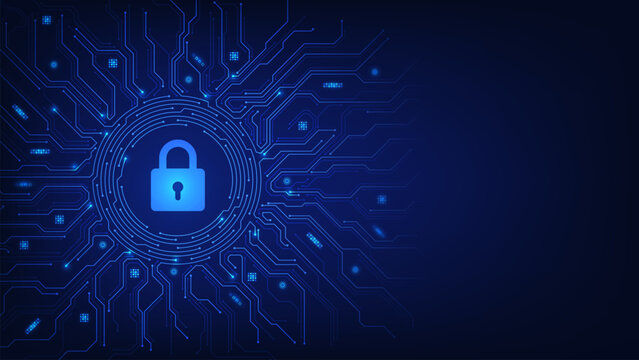 Internet digital cybersecurity technology concept. Padlock on futuristic circuit board. Cyber attack protection. Hacker and scammer. Data privacy and information security. Vector illustration