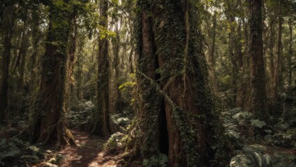 Obraz premium Lush Forest Canopy - Sunlight Filtering Through Dense Trees.