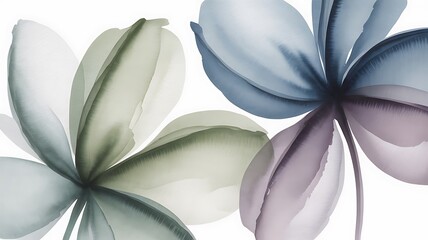 Delicate pastel flowers with green blue and purple petals on white background
