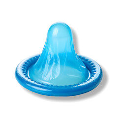 Blue latex condom standing upright for safe sex protection on transparent background