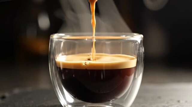 Fresh Espresso Pouring into Double-Walled Glass with Crema