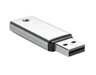 Sleek metallic flash drive with exposed USB connector, isolated on black