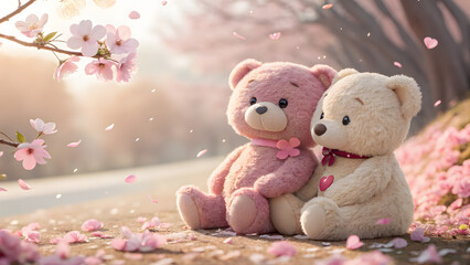 Two adorable pastel teddy bears hugging under cherry blossoms