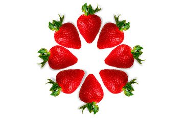  fresh strawberry with water drops on white background - Top view macro.