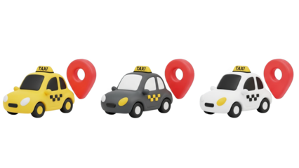 3d Taxi Cars With Location Pins For Ridesharing And Navigation