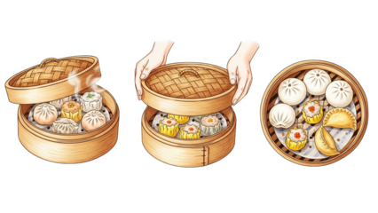 Assorted Dim Sum In Bamboo Steamers With Hands Illustration
