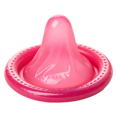 Pink latex condom standing upright for sexual health protection on transparent background