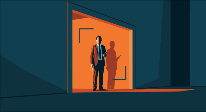 A confident businessman stands at the threshold of a brightly lit doorway, symbolizing new opportunities, career advancement, and a path to success.